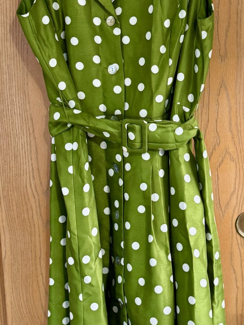 DressBarn Green Polka Dot Sleeveless Button Front Midi Dress w/ Belt